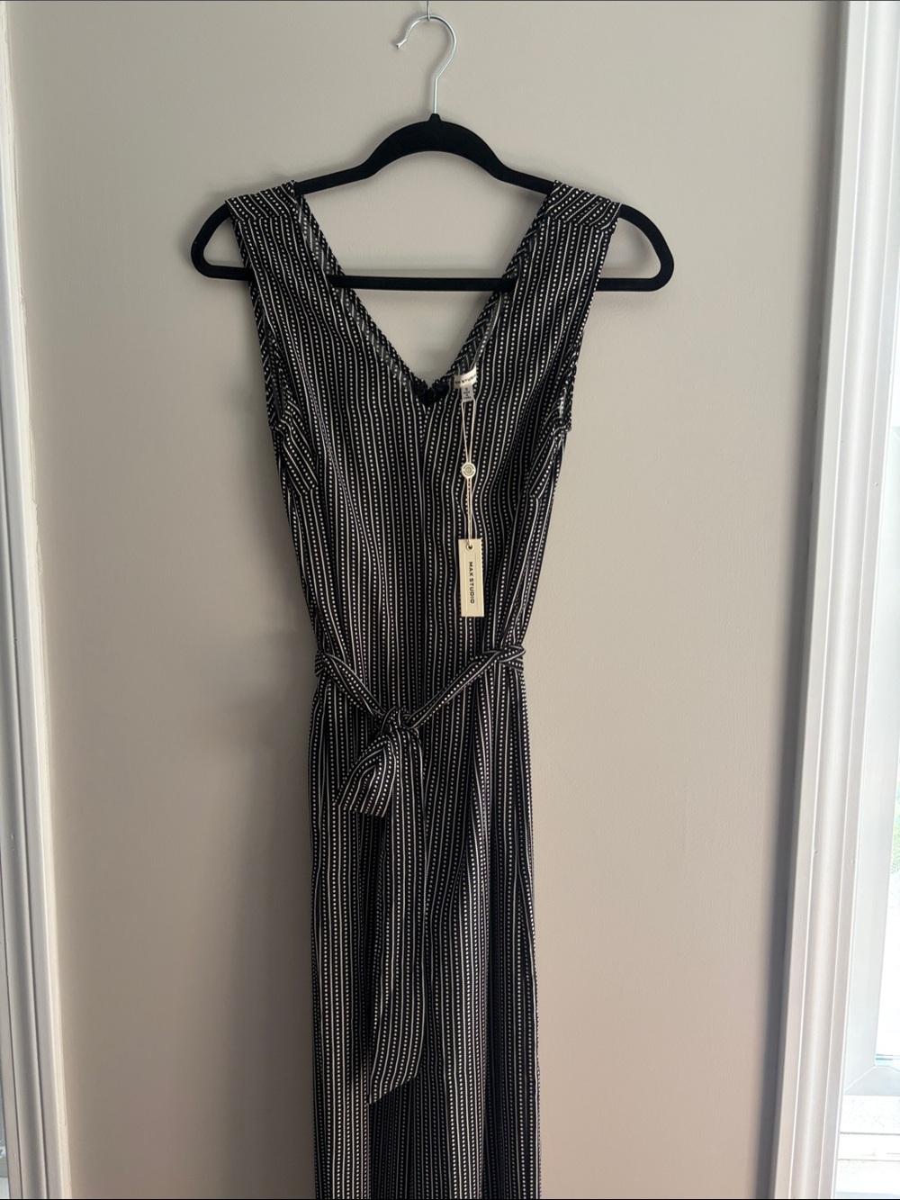 Max Studio Black and White Striped V-Neck Maxi Dress